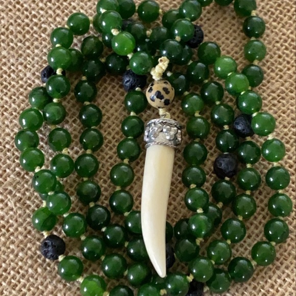 Jade with Lava Beads and bone charm Necklace - Picture 4 of 13